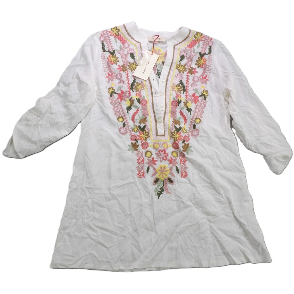 NWT Solitaire Women M/D White Embroidered Boho Tunic Blouse Roll Tab Sleeve Top